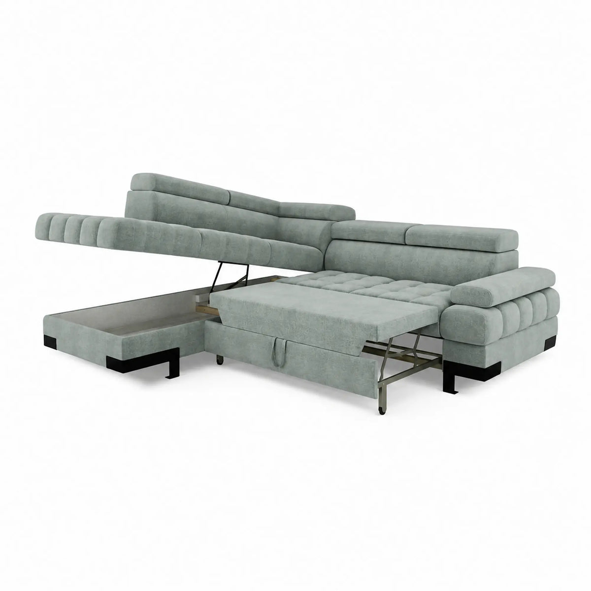 Coltar extensibil SELVA L, sezlong stanga, stofa catifelata verde menta - Salvador 12, cu lada depozitare si tetiere reglabile,  263x223x95 cm