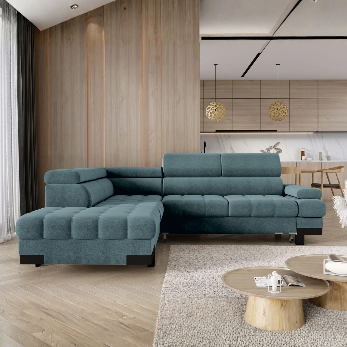 Coltar extensibil SELVA L, sezlong stanga, stofa catifelata albastru - Palladium 14, cu lada depozitare si tetiere reglabile, 263x223x95 cm