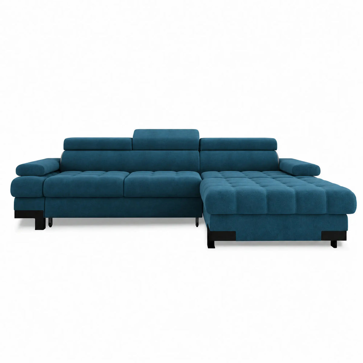 Coltar extensibil SELVA MINI, sezlong dreapta, stofa catifelata albastru - Salvador 11, cu lada depozitare si tetiere reglabile, 270x173x95 cm