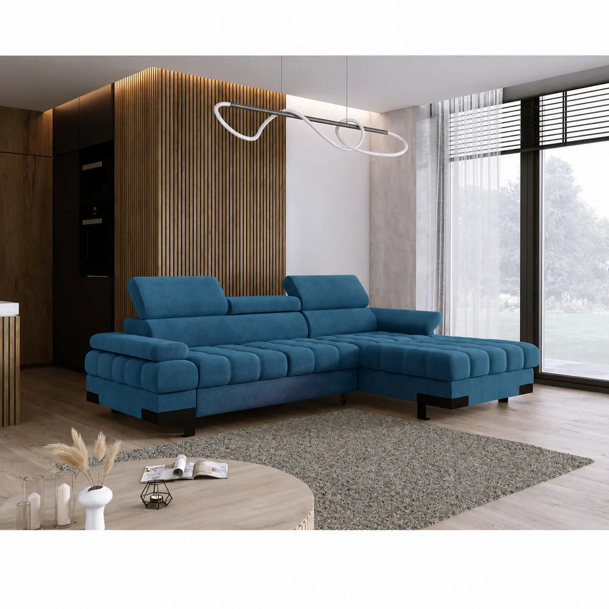 Coltar extensibil SELVA MINI, sezlong dreapta, stofa catifelata albastru - Salvador 11, cu lada depozitare si tetiere reglabile, 270x173x95 cm