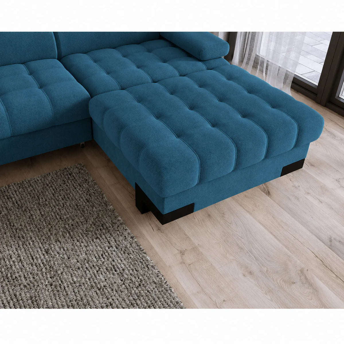 Coltar extensibil SELVA MINI, sezlong dreapta, stofa catifelata albastru - Salvador 11, cu lada depozitare si tetiere reglabile, 270x173x95 cm