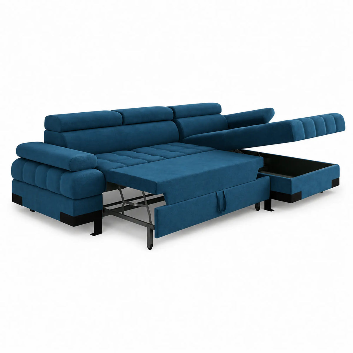 Coltar extensibil SELVA MINI, sezlong dreapta, stofa catifelata albastru - Salvador 11, cu lada depozitare si tetiere reglabile, 270x173x95 cm