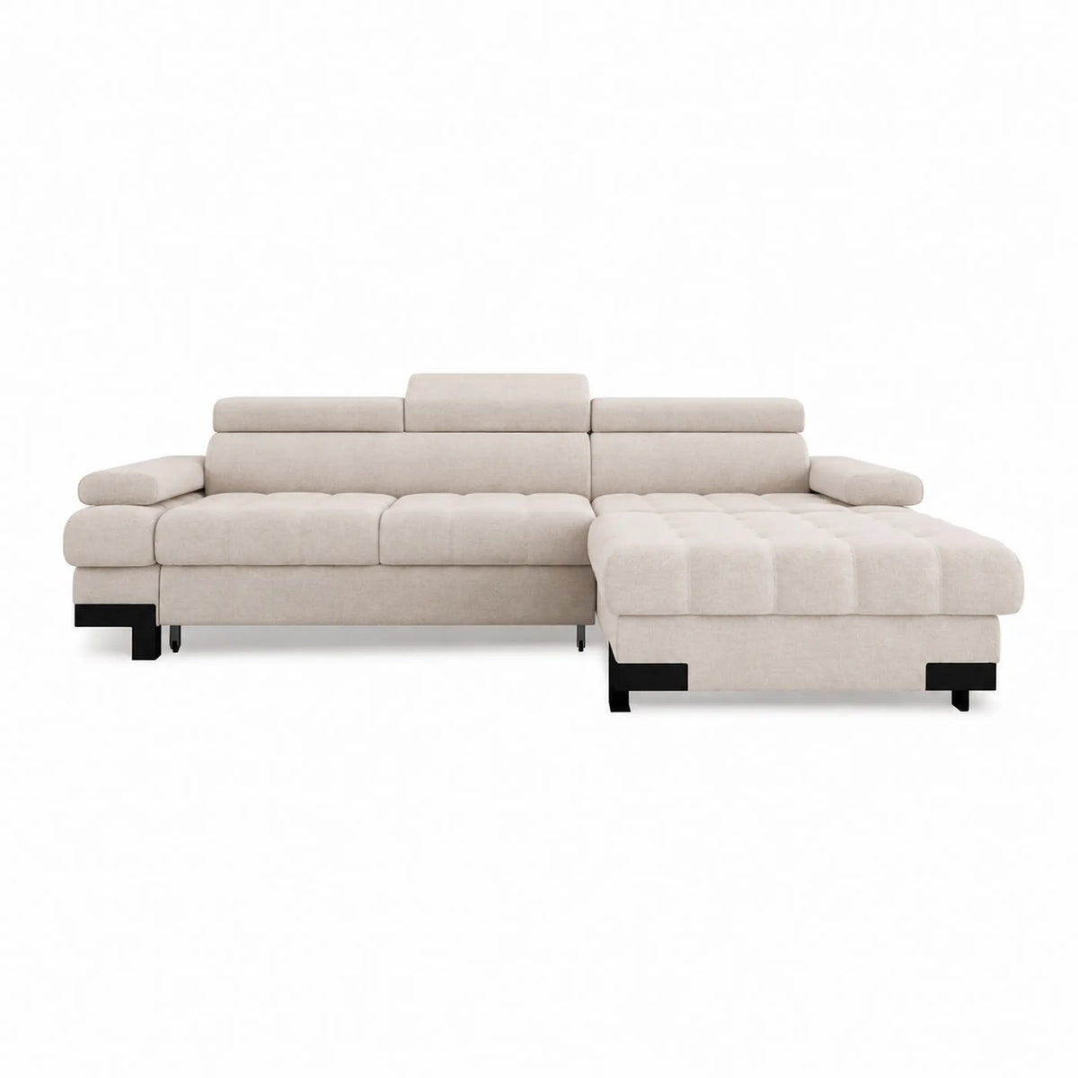 Coltar extensibil SELVA MINI, sezlong dreapta, stofa catifelata bej - Palladium 02, cu lada depozitare si tetiere reglabile, 270x173x95 cm