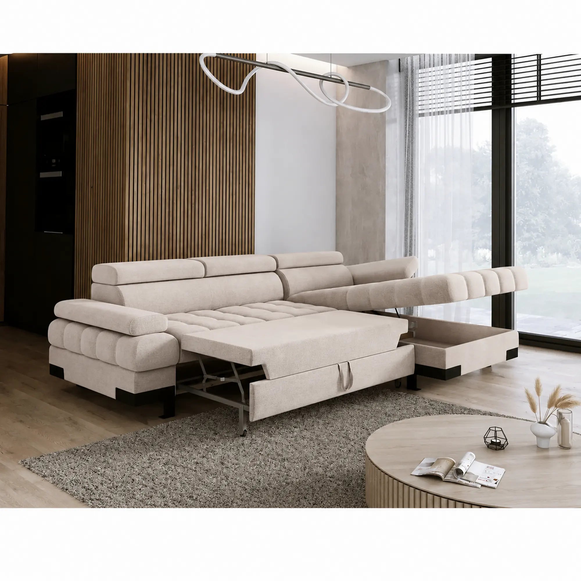 Coltar extensibil SELVA MINI, sezlong dreapta, stofa catifelata bej - Palladium 02, cu lada depozitare si tetiere reglabile, 270x173x95 cm