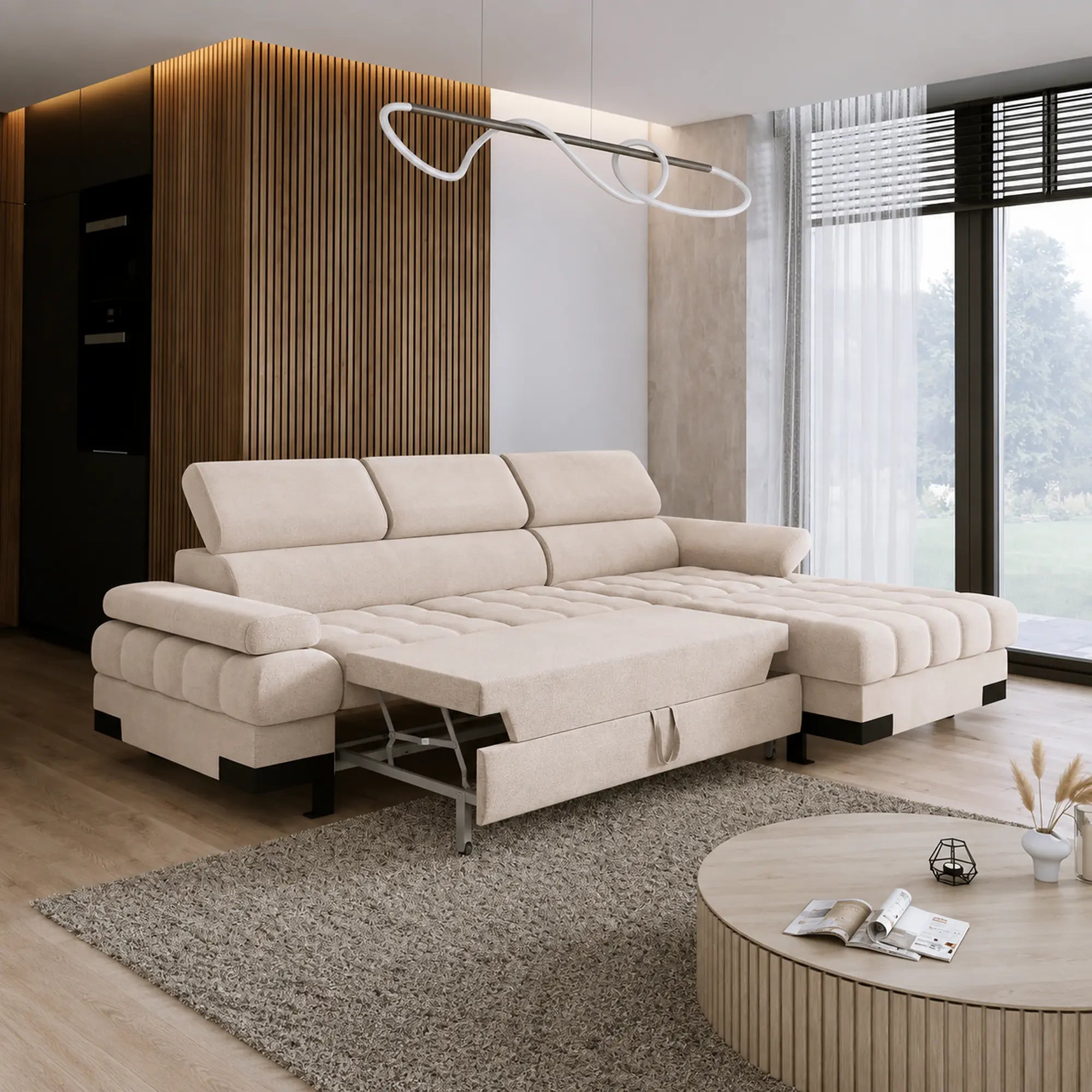 Coltar extensibil SELVA MINI, sezlong dreapta, stofa catifelata bej - Palladium 02, cu lada depozitare si tetiere reglabile, 270x173x95 cm