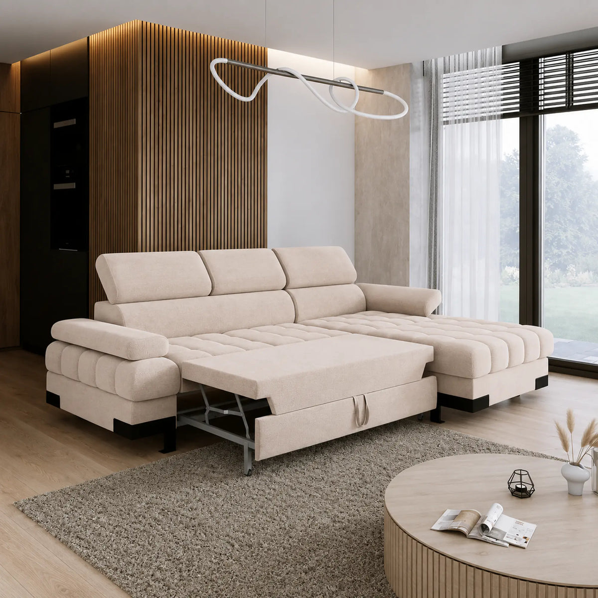 Coltar extensibil SELVA MINI, sezlong dreapta, stofa catifelata bej - Palladium 02, cu lada depozitare si tetiere reglabile, 270x173x95 cm