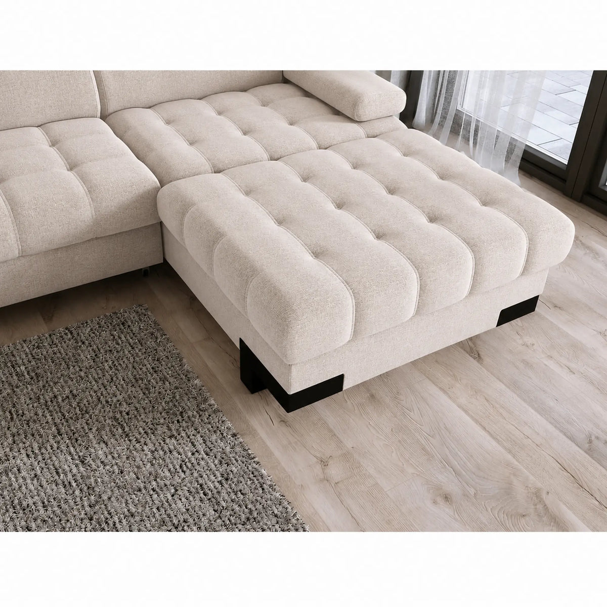 Coltar extensibil SELVA MINI, sezlong dreapta, stofa catifelata bej - Palladium 02, cu lada depozitare si tetiere reglabile, 270x173x95 cm