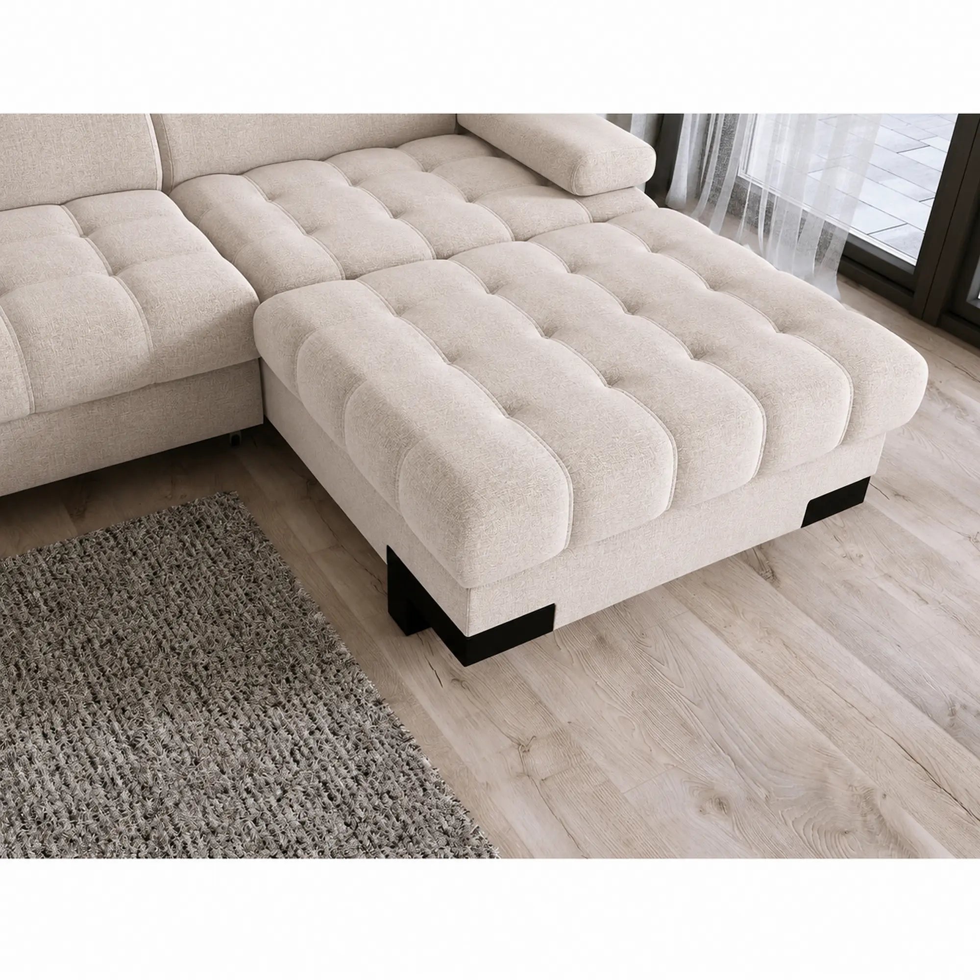 Coltar extensibil SELVA MINI, sezlong dreapta, stofa catifelata bej - Palladium 02, cu lada depozitare si tetiere reglabile, 270x173x95 cm