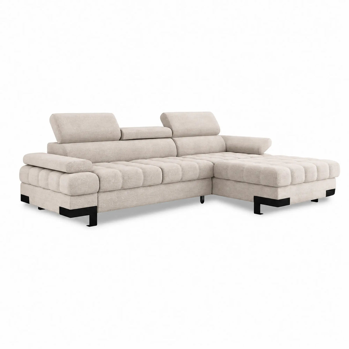 Coltar extensibil SELVA MINI, sezlong dreapta, stofa catifelata bej - Palladium 02, cu lada depozitare si tetiere reglabile, 270x173x95 cm