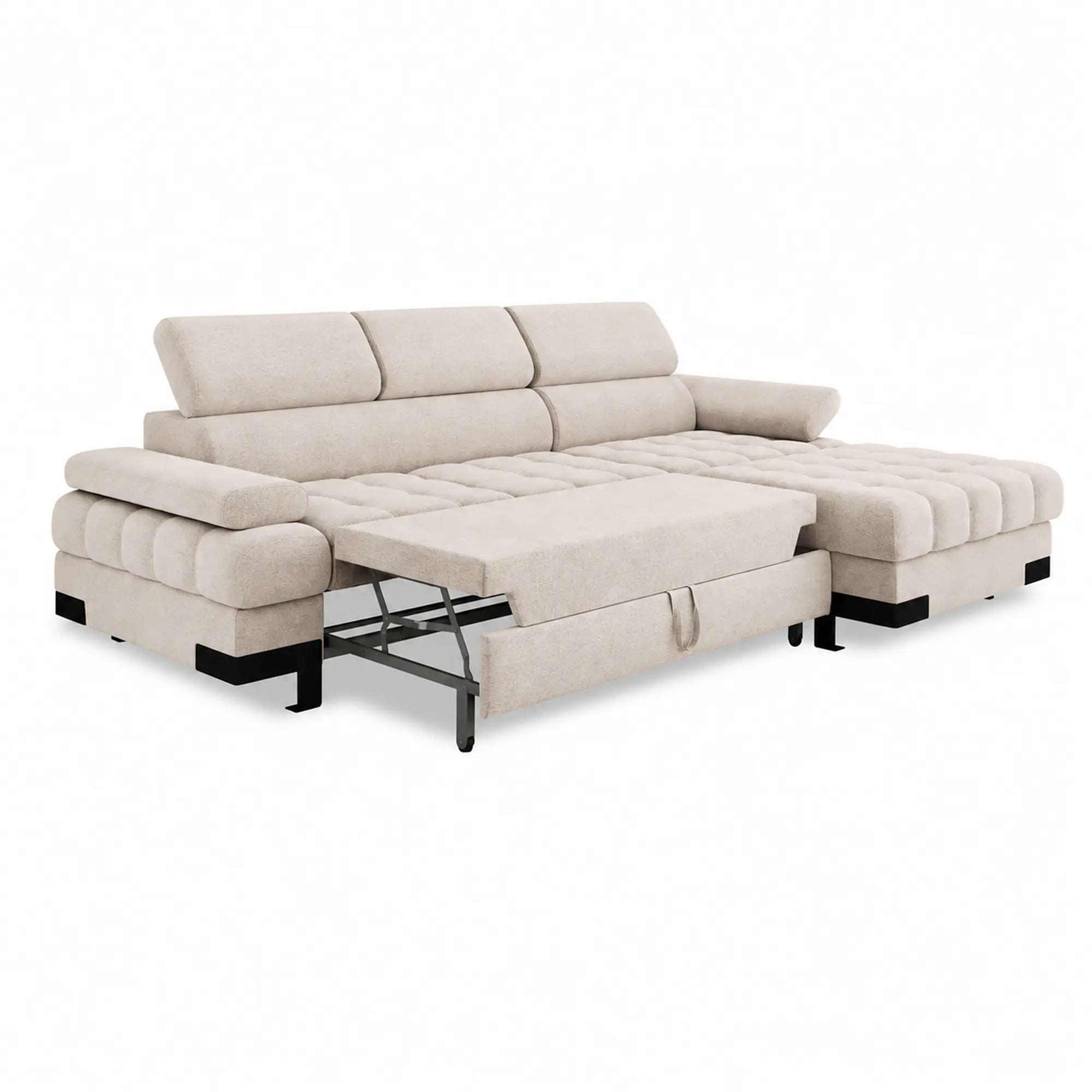 Coltar extensibil SELVA MINI, sezlong dreapta, stofa catifelata bej - Palladium 02, cu lada depozitare si tetiere reglabile, 270x173x95 cm