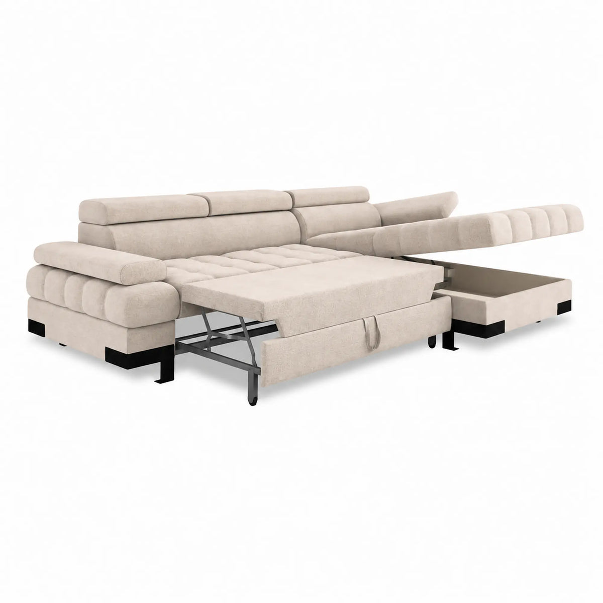 Coltar extensibil SELVA MINI, sezlong dreapta, stofa catifelata bej - Palladium 02, cu lada depozitare si tetiere reglabile, 270x173x95 cm