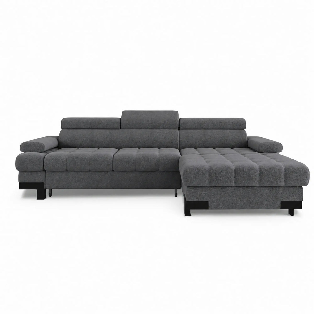 Coltar extensibil SELVA MINI, sezlong dreapta, stofa catifelata gri - Cloud 97, cu lada depozitare si tetiere reglabile, 270x173x95 cm