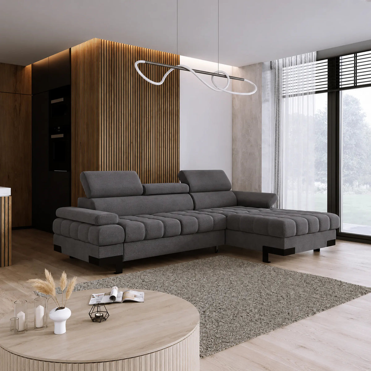 Coltar extensibil SELVA MINI, sezlong dreapta, stofa catifelata gri - Cloud 97, cu lada depozitare si tetiere reglabile, 270x173x95 cm