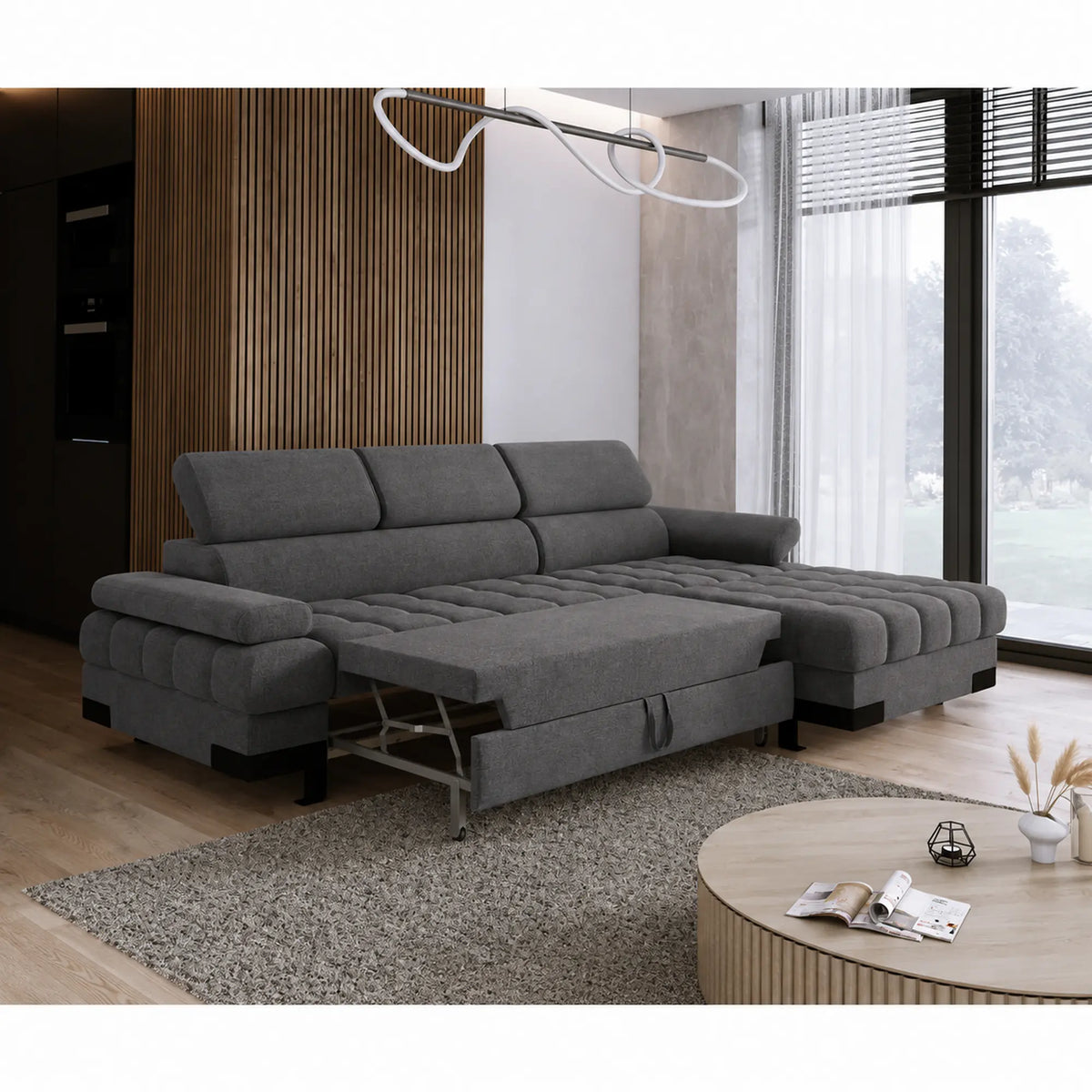 Coltar extensibil SELVA MINI, sezlong dreapta, stofa catifelata gri - Cloud 97, cu lada depozitare si tetiere reglabile, 270x173x95 cm