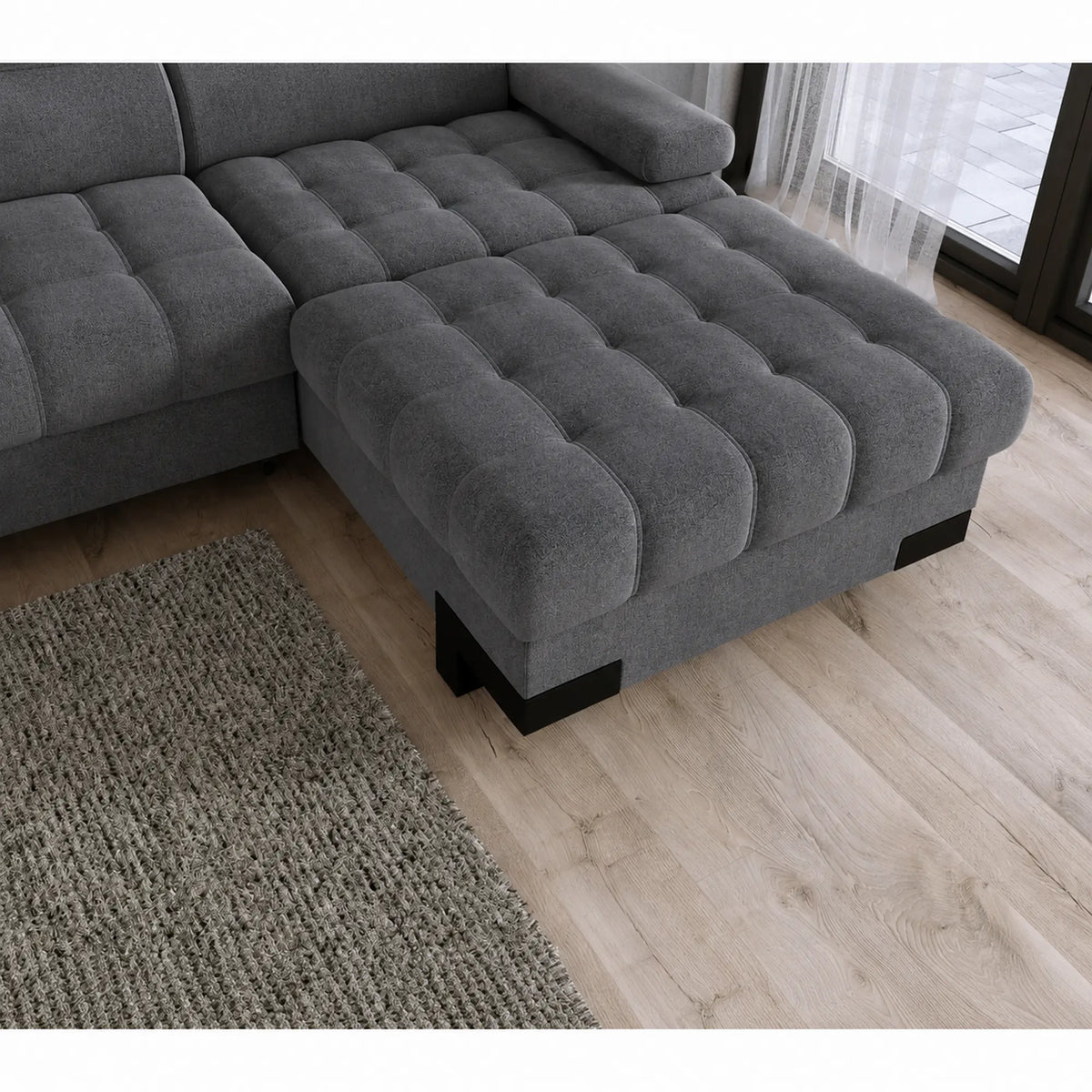 Coltar extensibil SELVA MINI, sezlong dreapta, stofa catifelata gri - Cloud 97, cu lada depozitare si tetiere reglabile, 270x173x95 cm