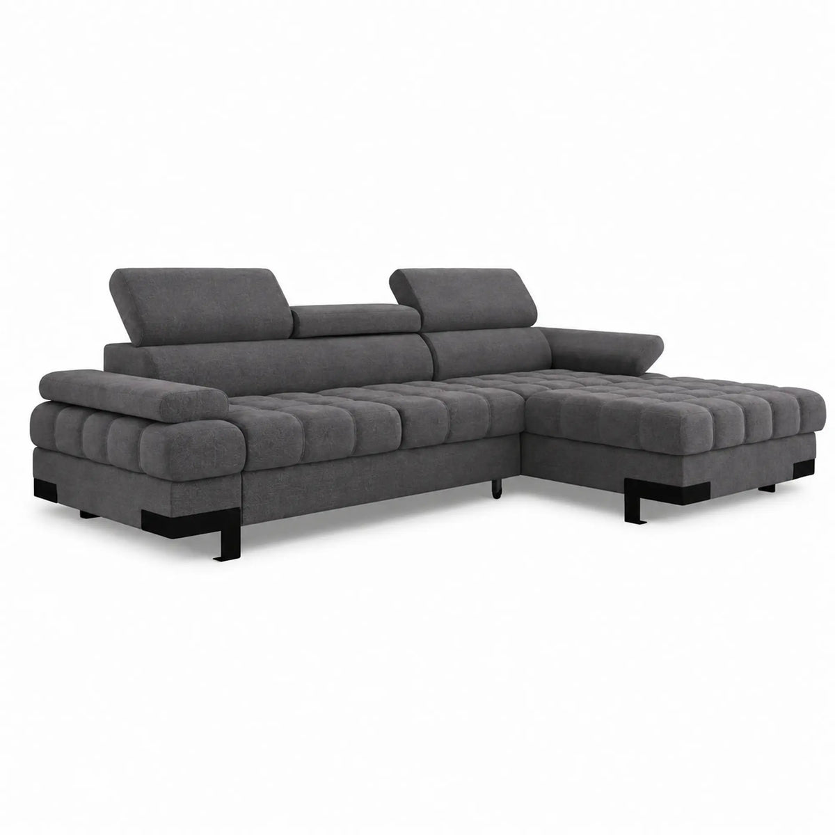 Coltar extensibil SELVA MINI, sezlong dreapta, stofa catifelata gri - Cloud 97, cu lada depozitare si tetiere reglabile, 270x173x95 cm