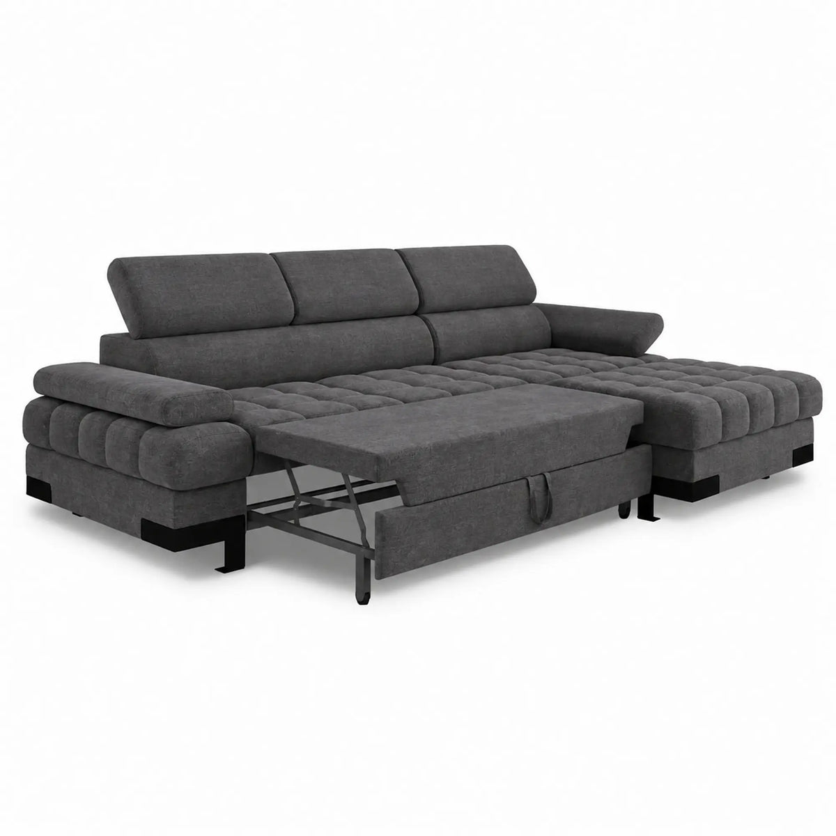 Coltar extensibil SELVA MINI, sezlong dreapta, stofa catifelata gri - Cloud 97, cu lada depozitare si tetiere reglabile, 270x173x95 cm