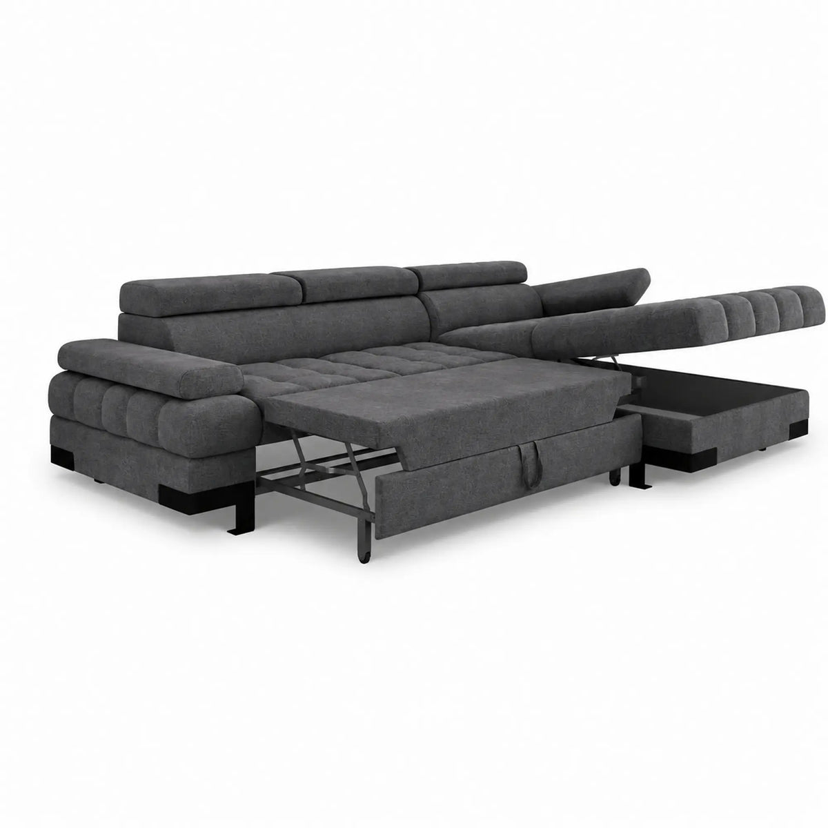 Coltar extensibil SELVA MINI, sezlong dreapta, stofa catifelata gri - Cloud 97, cu lada depozitare si tetiere reglabile, 270x173x95 cm
