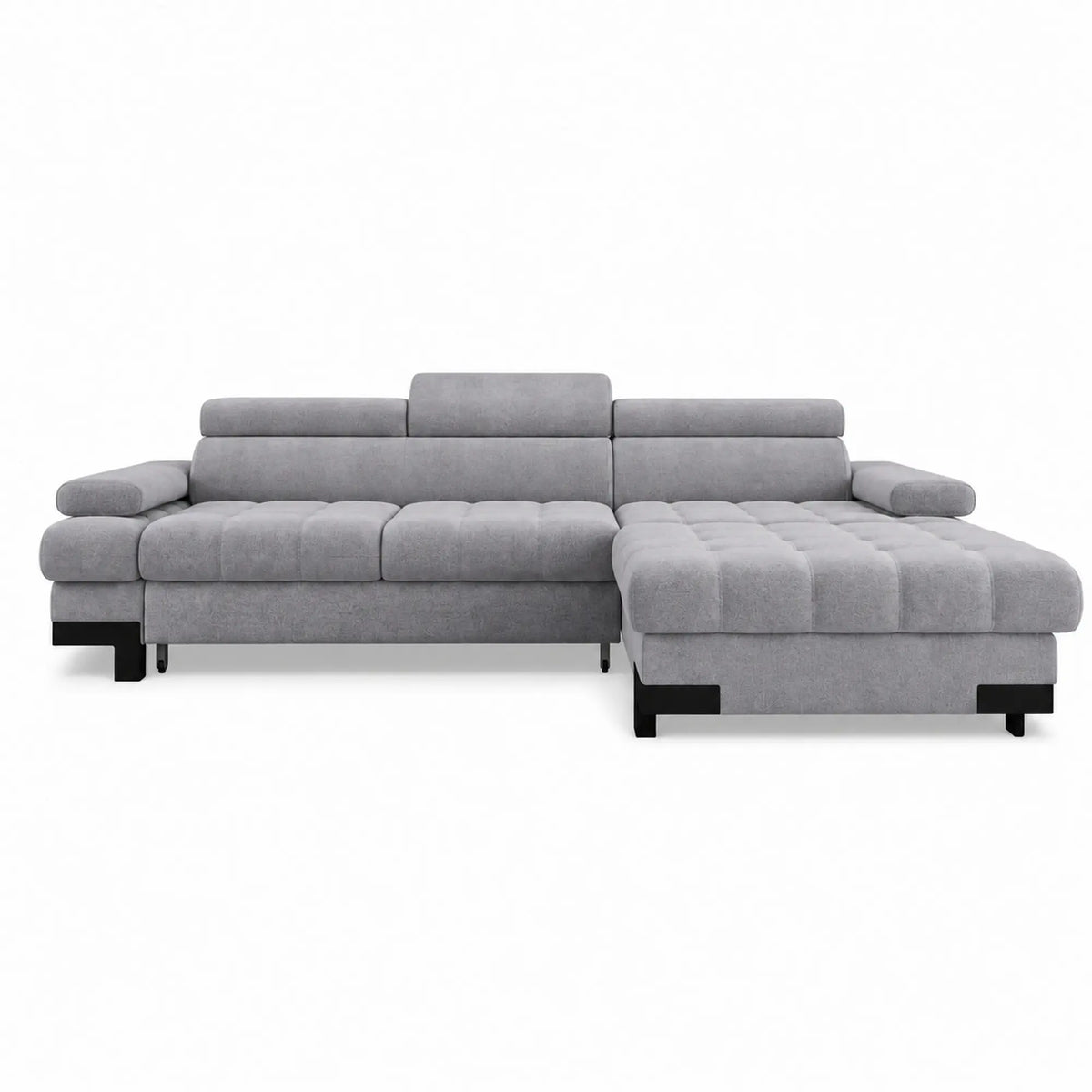 Coltar extensibil SELVA MINI, sezlong dreapta, stofa catifelata gri - Whisper 17, cu lada depozitare si tetiere reglabile, 270x173x95 cm