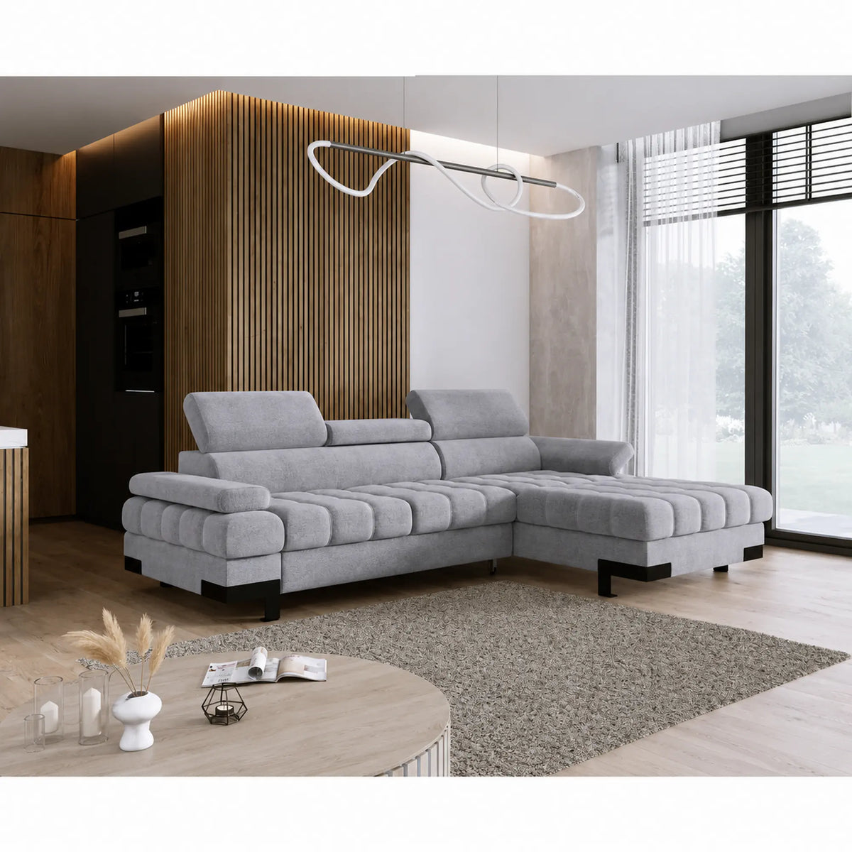 Coltar extensibil SELVA MINI, sezlong dreapta, stofa catifelata gri - Whisper 17, cu lada depozitare si tetiere reglabile, 270x173x95 cm