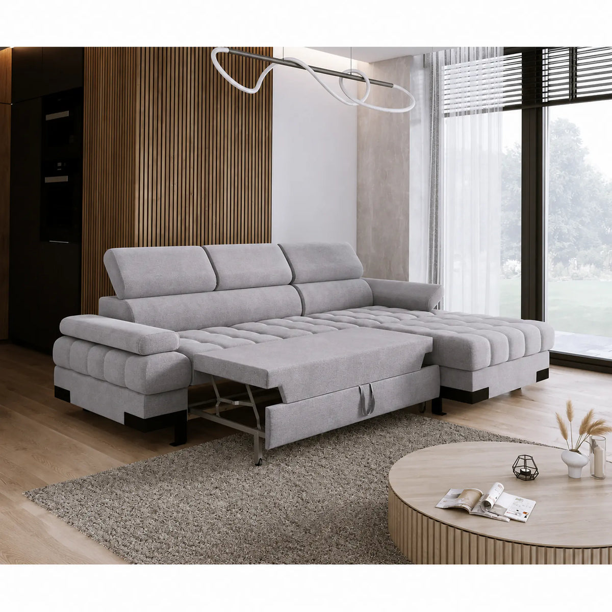 Coltar extensibil SELVA MINI, sezlong dreapta, stofa catifelata gri - Whisper 17, cu lada depozitare si tetiere reglabile, 270x173x95 cm
