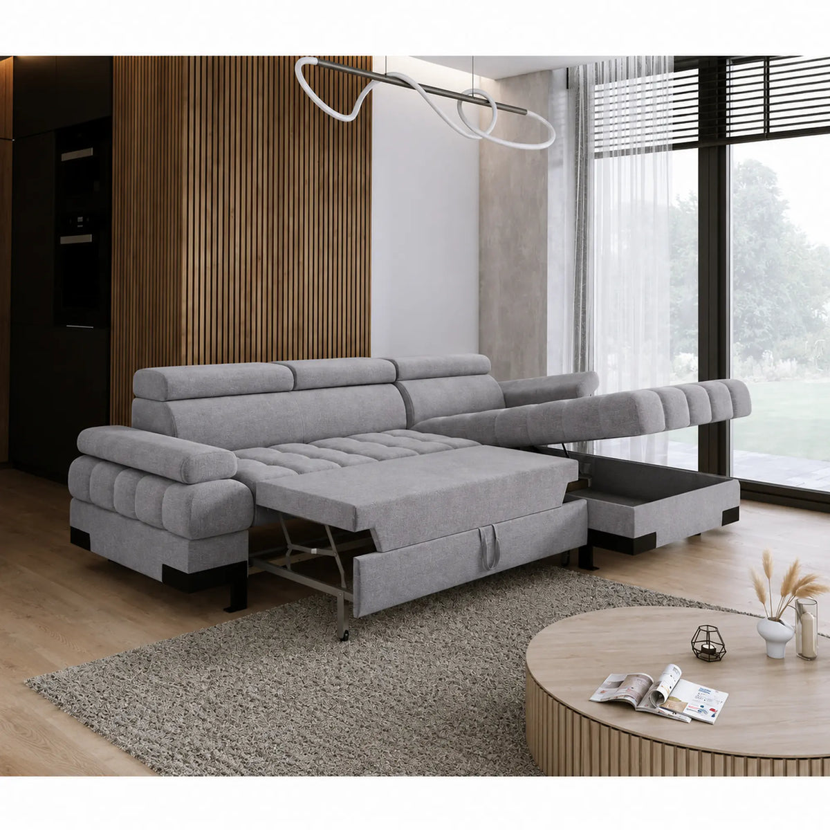 Coltar extensibil SELVA MINI, sezlong dreapta, stofa catifelata gri - Whisper 17, cu lada depozitare si tetiere reglabile, 270x173x95 cm