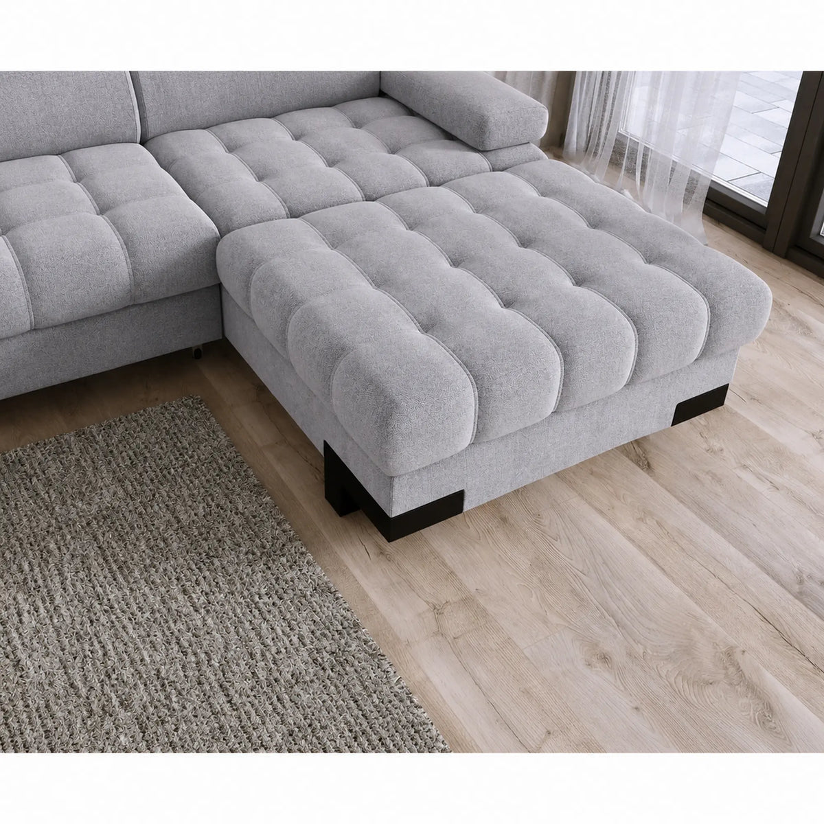 Coltar extensibil SELVA MINI, sezlong dreapta, stofa catifelata gri - Whisper 17, cu lada depozitare si tetiere reglabile, 270x173x95 cm