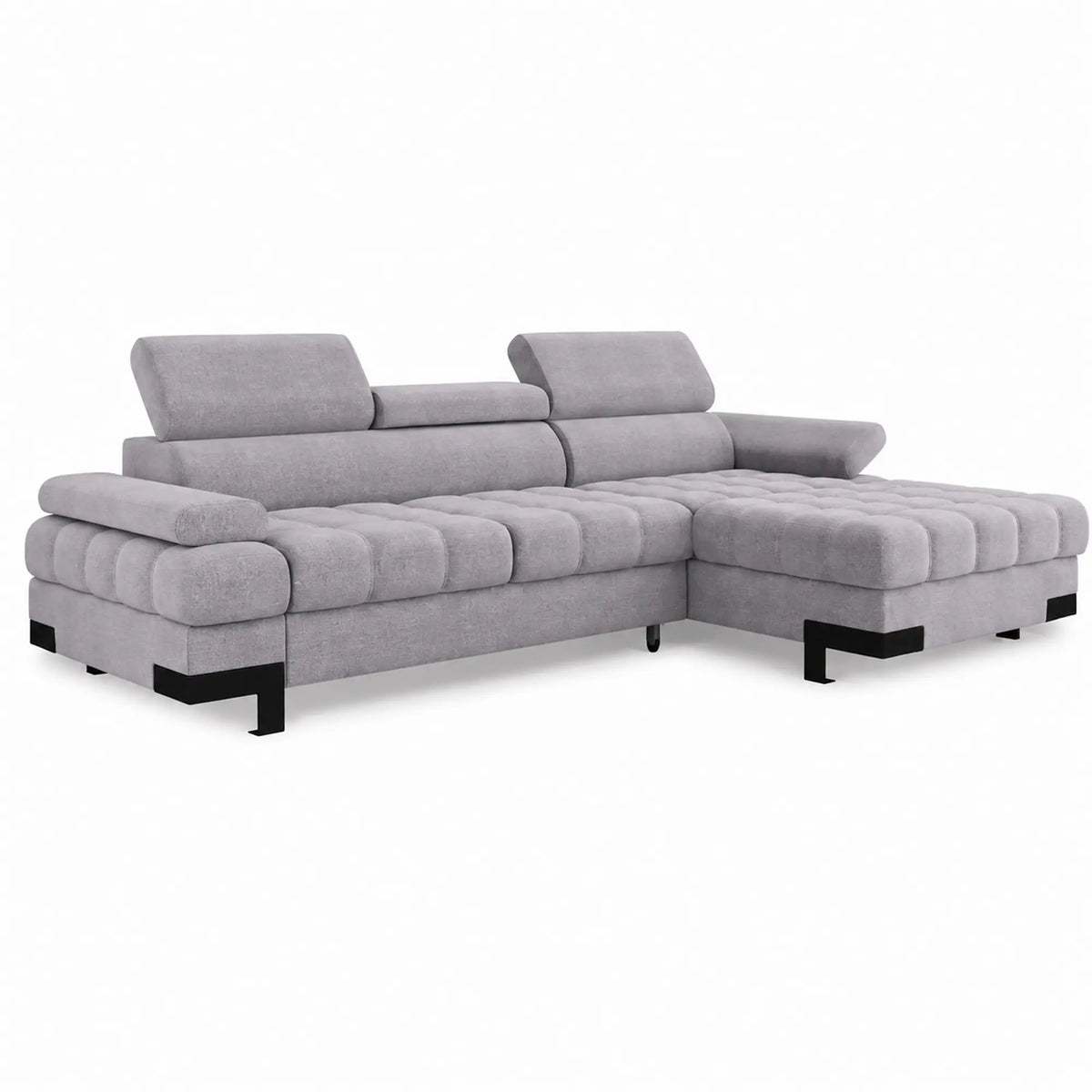 Coltar extensibil SELVA MINI, sezlong dreapta, stofa catifelata gri - Whisper 17, cu lada depozitare si tetiere reglabile, 270x173x95 cm