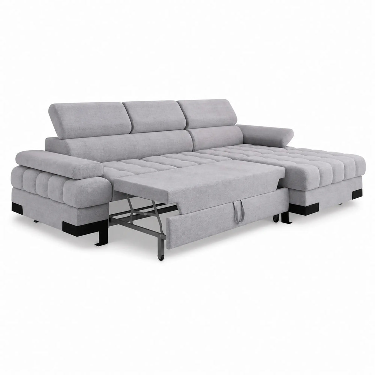 Coltar extensibil SELVA MINI, sezlong dreapta, stofa catifelata gri - Whisper 17, cu lada depozitare si tetiere reglabile, 270x173x95 cm