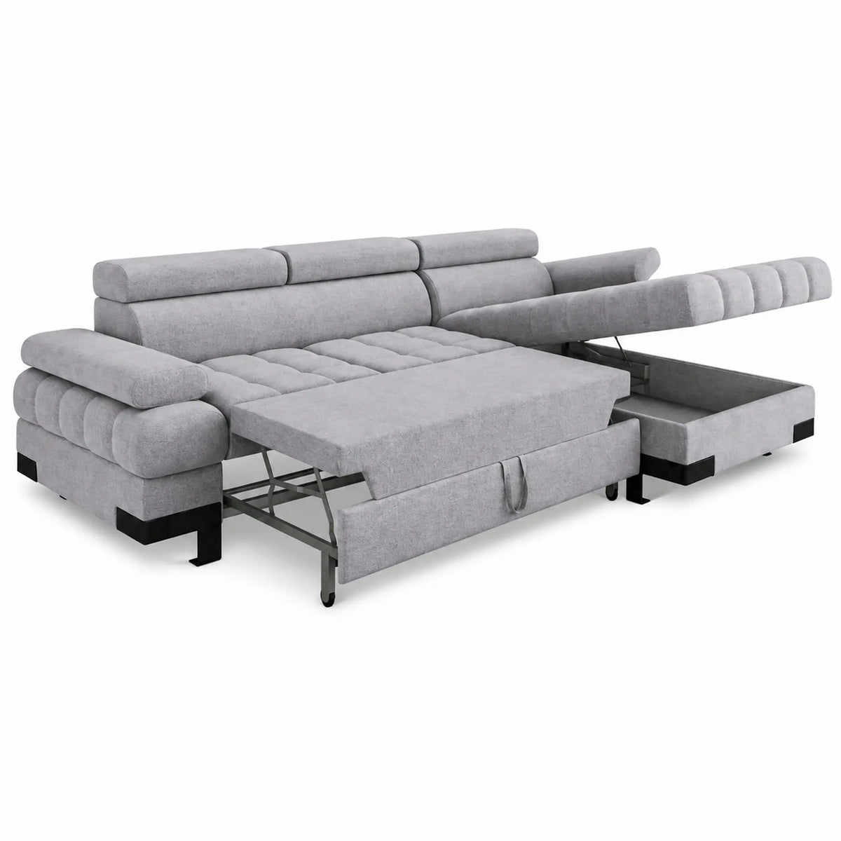Coltar extensibil SELVA MINI, sezlong dreapta, stofa catifelata gri - Whisper 17, cu lada depozitare si tetiere reglabile, 270x173x95 cm