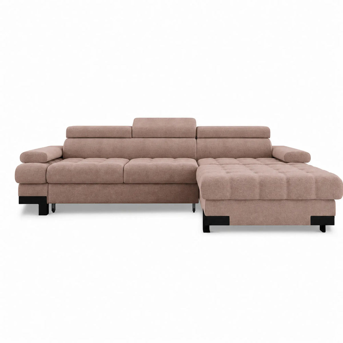 Coltar extensibil SELVA MINI, sezlong dreapta, stofa catifelata maro - Palladium 04, cu lada depozitare si tetiere reglabile, 270x173x95 cm