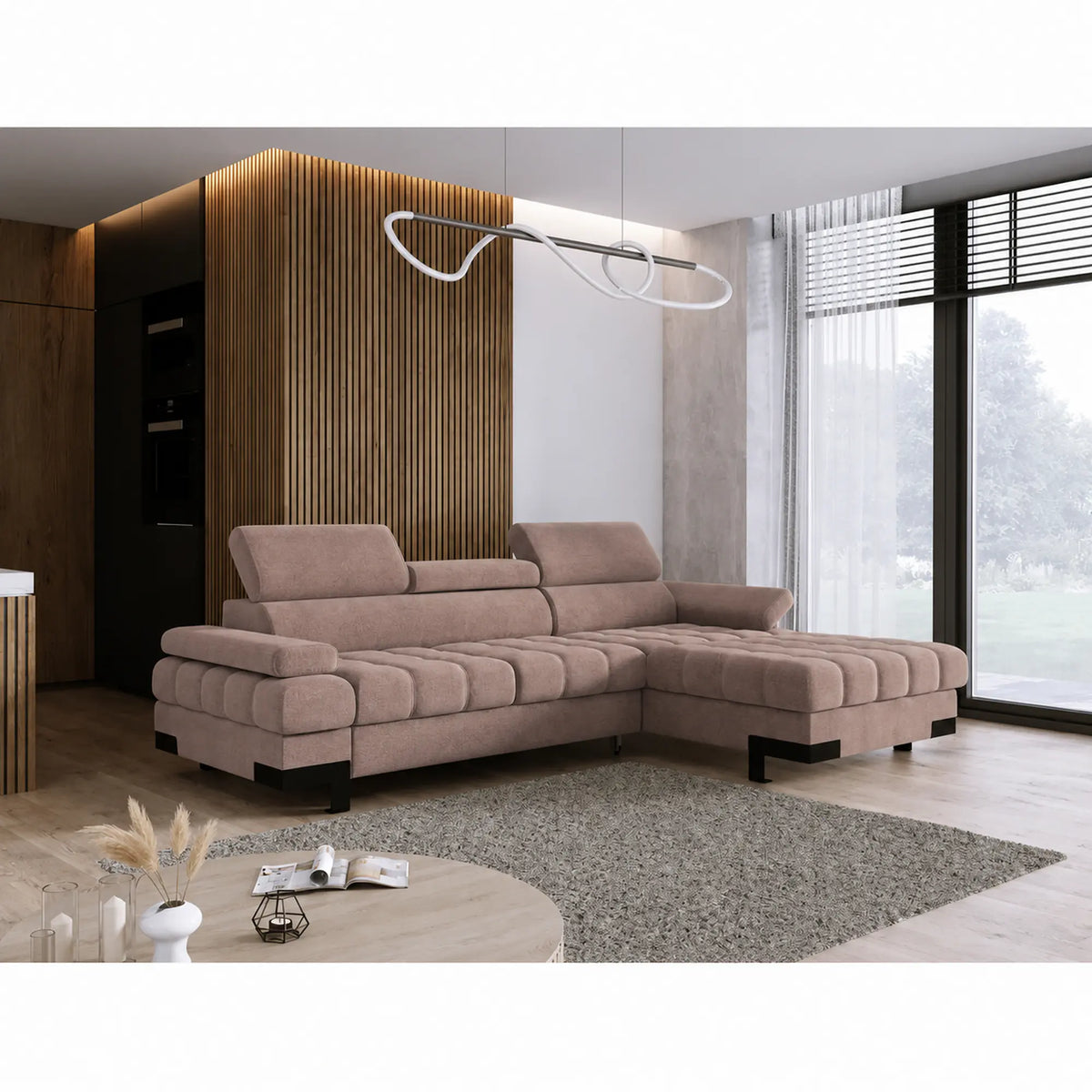 Coltar extensibil SELVA MINI, sezlong dreapta, stofa catifelata maro - Palladium 04, cu lada depozitare si tetiere reglabile, 270x173x95 cm