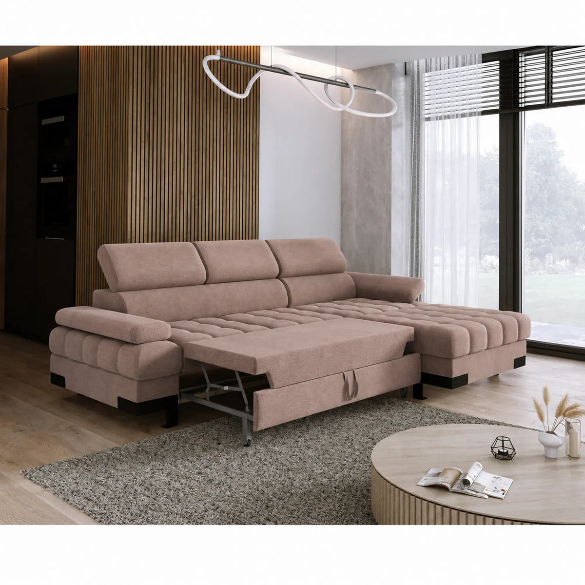 Coltar extensibil SELVA MINI, sezlong dreapta, stofa catifelata maro - Palladium 04, cu lada depozitare si tetiere reglabile, 270x173x95 cm