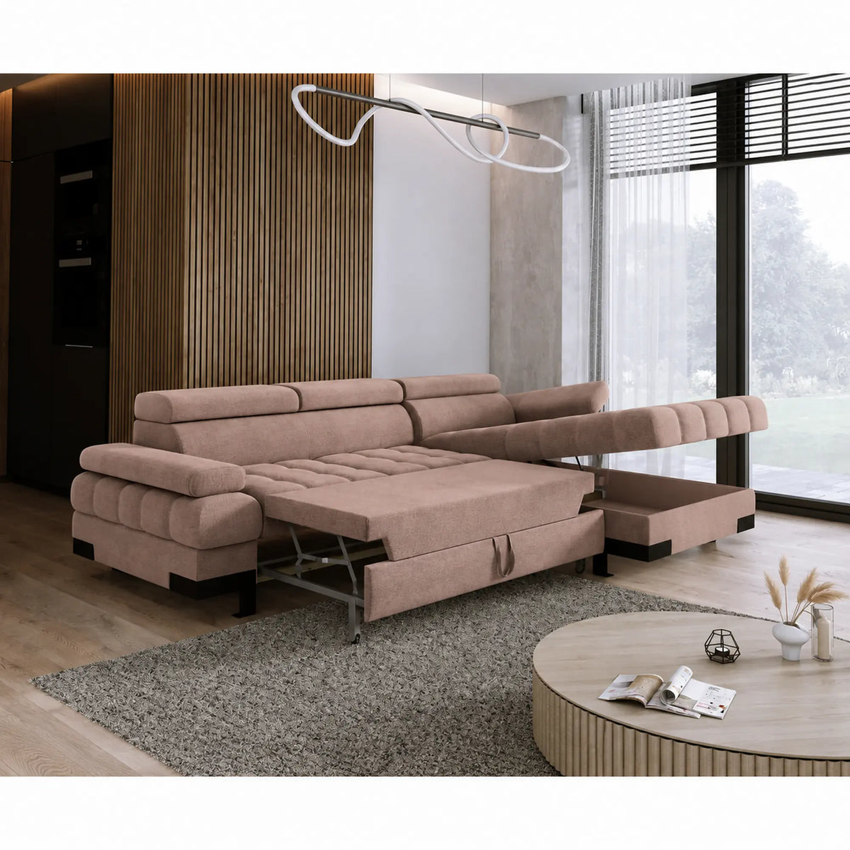 Coltar extensibil SELVA MINI, sezlong dreapta, stofa catifelata maro - Palladium 04, cu lada depozitare si tetiere reglabile, 270x173x95 cm
