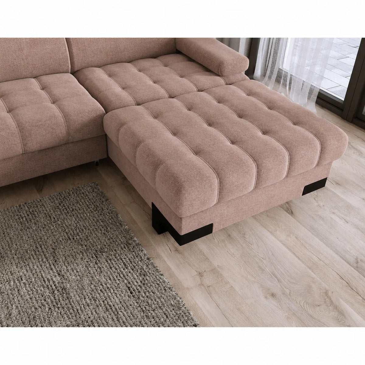 Coltar extensibil SELVA MINI, sezlong dreapta, stofa catifelata maro - Palladium 04, cu lada depozitare si tetiere reglabile, 270x173x95 cm