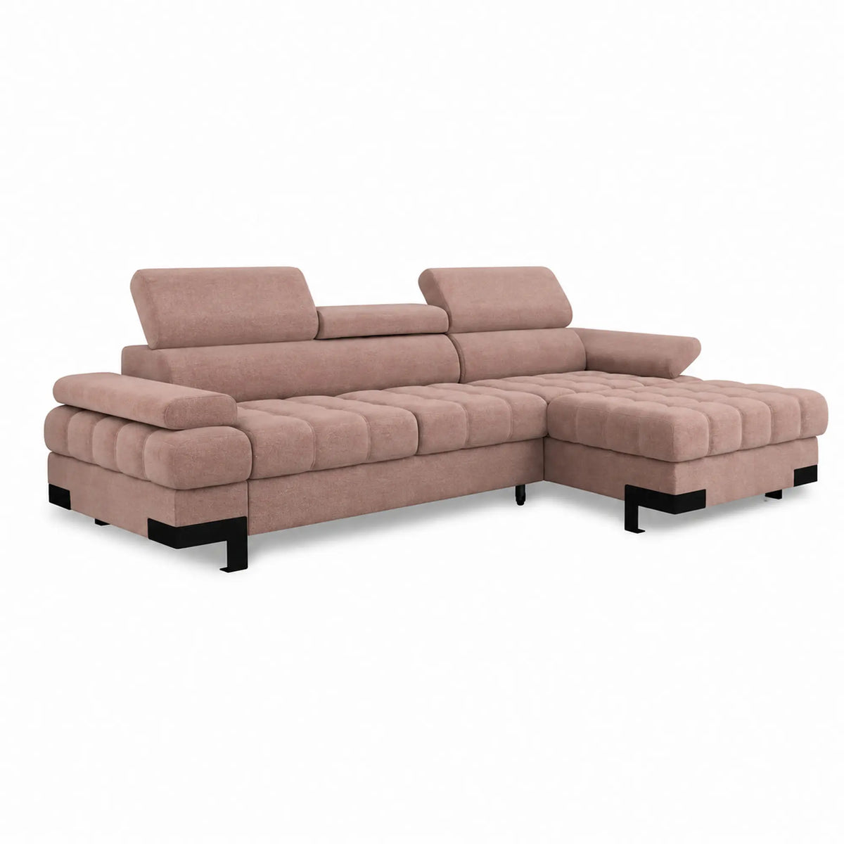 Coltar extensibil SELVA MINI, sezlong dreapta, stofa catifelata maro - Palladium 04, cu lada depozitare si tetiere reglabile, 270x173x95 cm