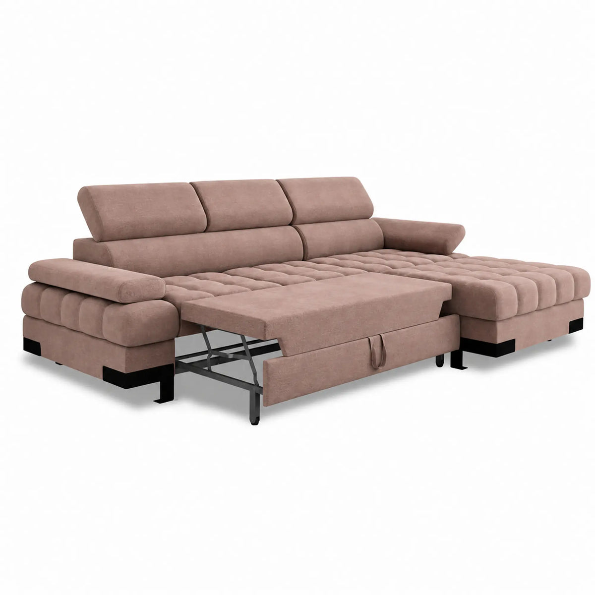 Coltar extensibil SELVA MINI, sezlong dreapta, stofa catifelata maro - Palladium 04, cu lada depozitare si tetiere reglabile, 270x173x95 cm
