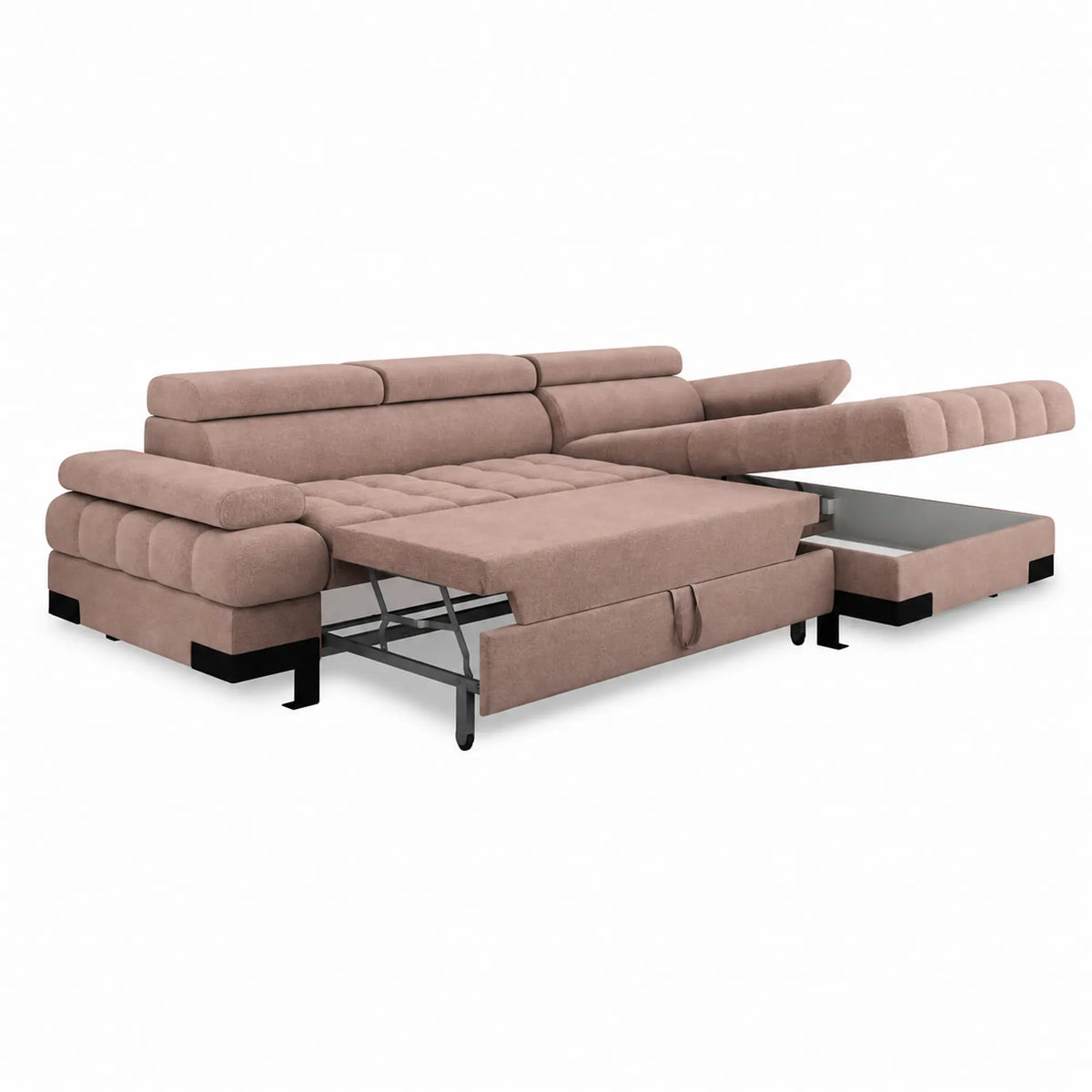 Coltar extensibil SELVA MINI, sezlong dreapta, stofa catifelata maro - Palladium 04, cu lada depozitare si tetiere reglabile, 270x173x95 cm