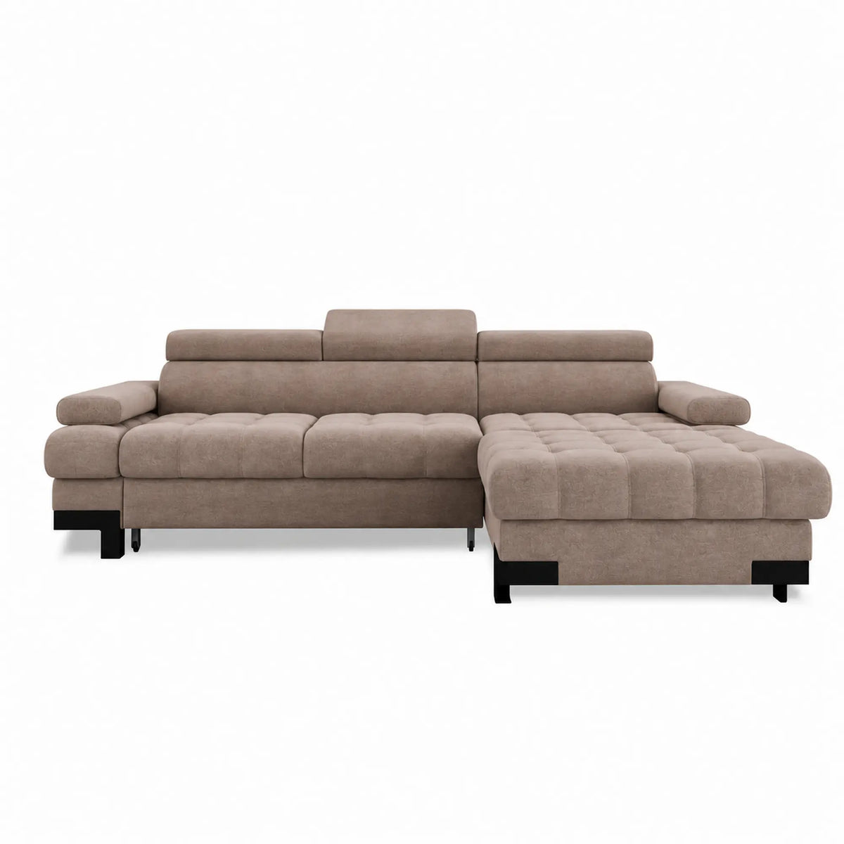 Coltar extensibil SELVA MINI, sezlong dreapta, stofa catifelata maro - Salvador 3, cu lada depozitare si tetiere reglabile, 270x173x95 cm