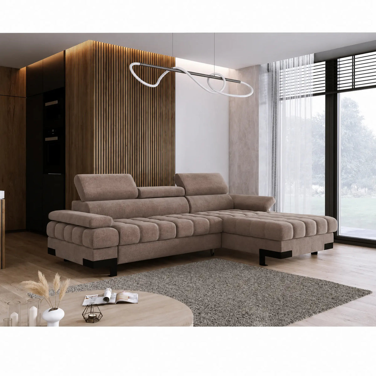 Coltar extensibil SELVA MINI, sezlong dreapta, stofa catifelata maro - Salvador 3, cu lada depozitare si tetiere reglabile, 270x173x95 cm