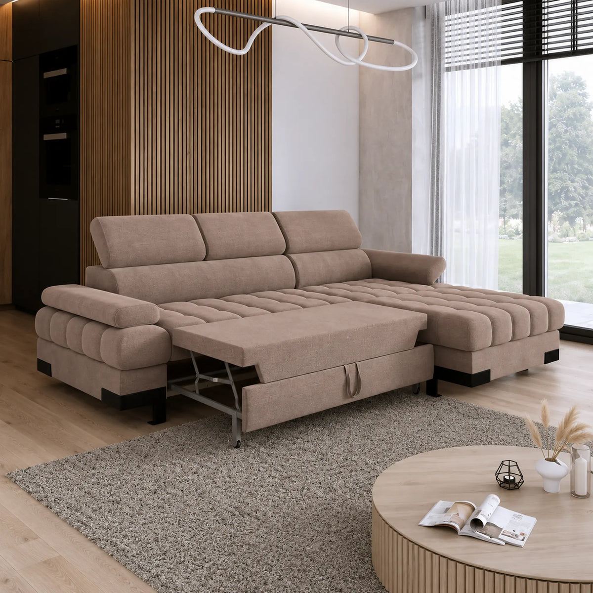 Coltar extensibil SELVA MINI, sezlong dreapta, stofa catifelata maro - Salvador 3, cu lada depozitare si tetiere reglabile, 270x173x95 cm