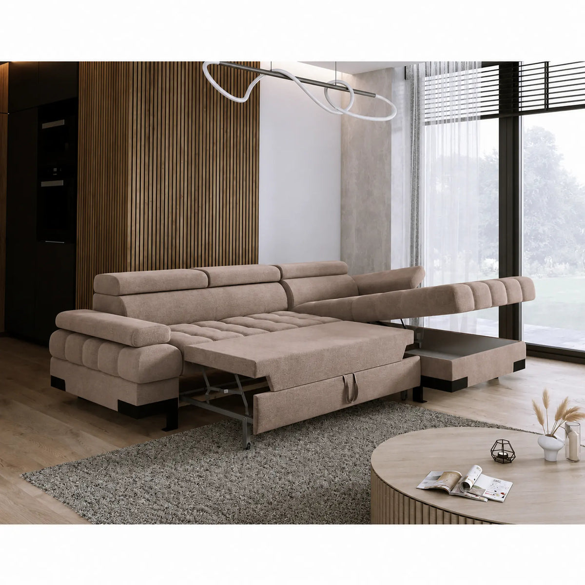 Coltar extensibil SELVA MINI, sezlong dreapta, stofa catifelata maro - Salvador 3, cu lada depozitare si tetiere reglabile, 270x173x95 cm