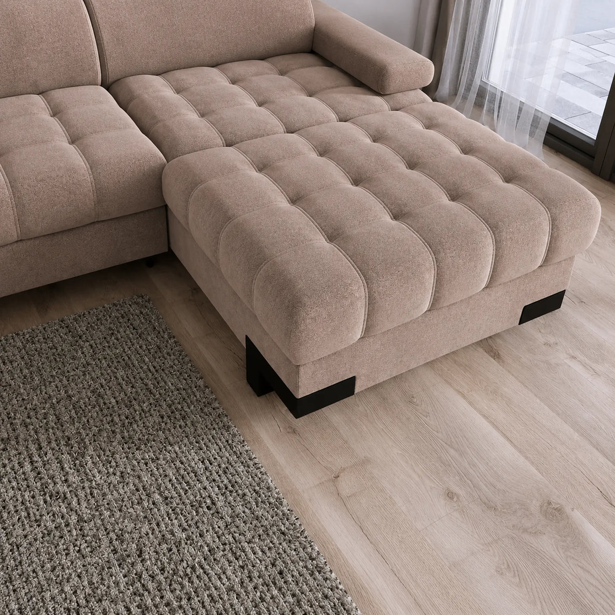 Coltar extensibil SELVA MINI, sezlong dreapta, stofa catifelata maro - Salvador 3, cu lada depozitare si tetiere reglabile, 270x173x95 cm