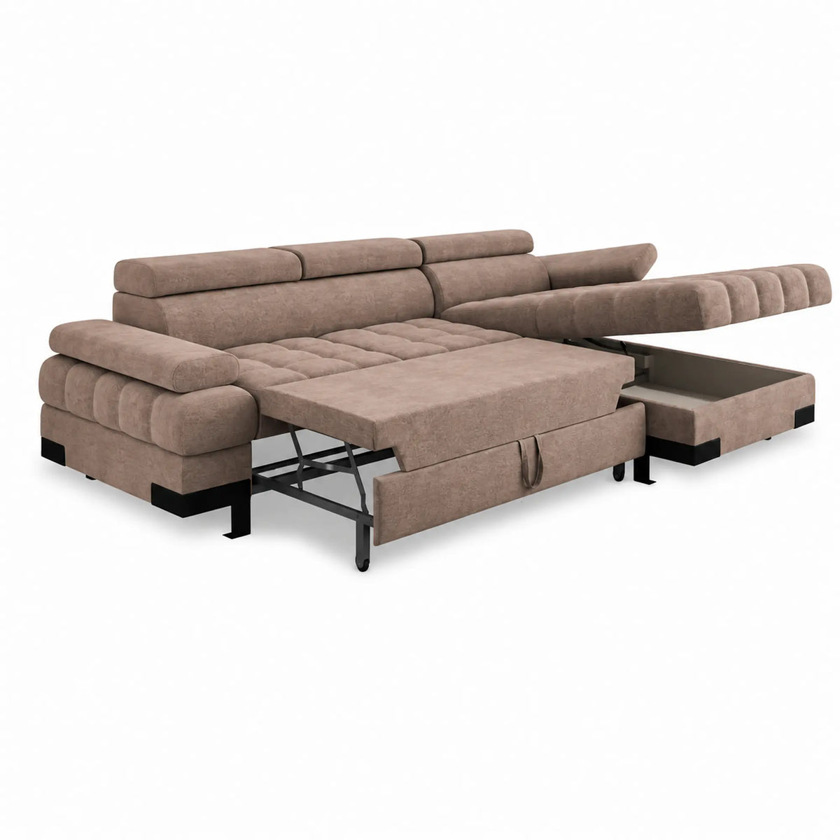 Coltar extensibil SELVA MINI, sezlong dreapta, stofa catifelata maro - Salvador 3, cu lada depozitare si tetiere reglabile, 270x173x95 cm