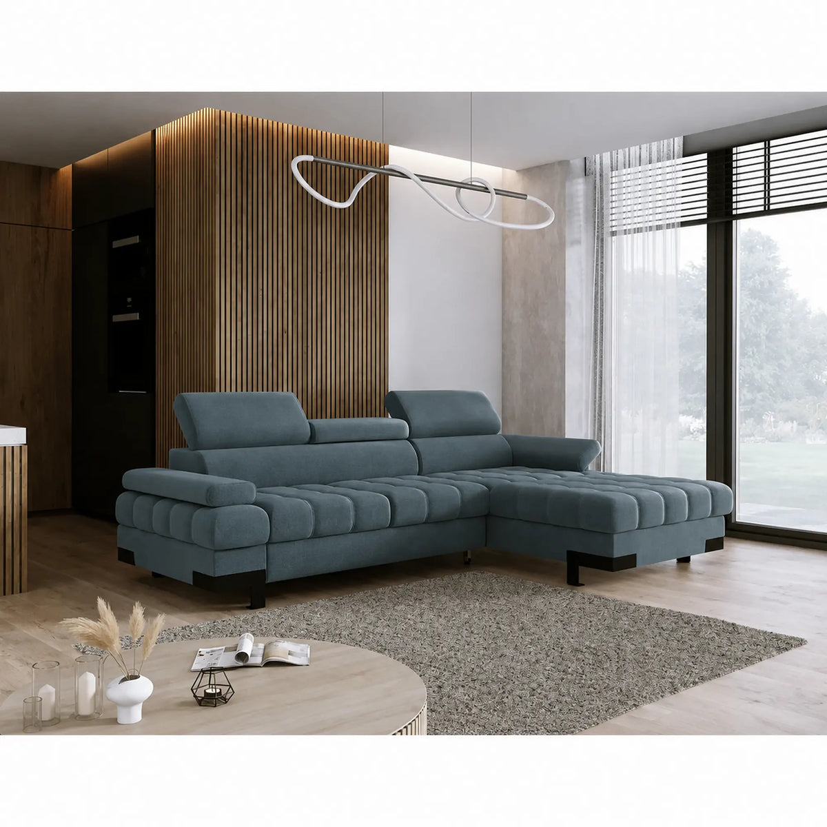 Coltar extensibil SELVA MINI, sezlong dreapta, stofa catifelata turcoaz inchis - Riviera 87, cu lada depozitare si tetiere reglabile, 270x173x95 cm