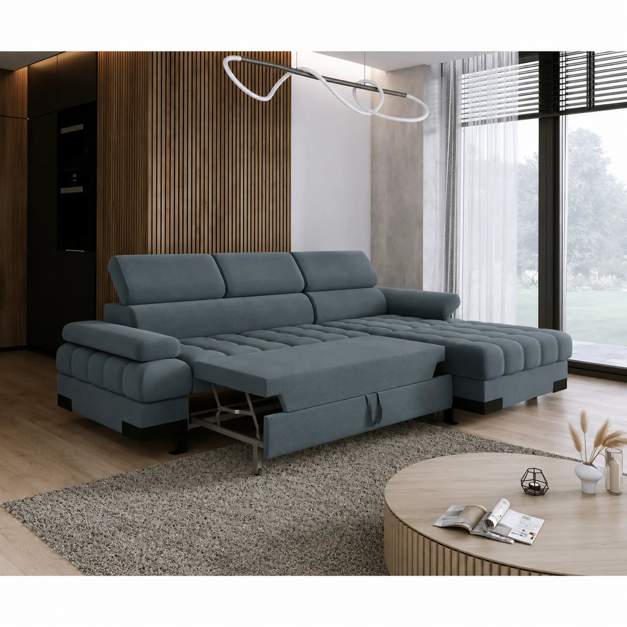 Coltar extensibil SELVA MINI, sezlong dreapta, stofa catifelata turcoaz inchis - Riviera 87, cu lada depozitare si tetiere reglabile, 270x173x95 cm