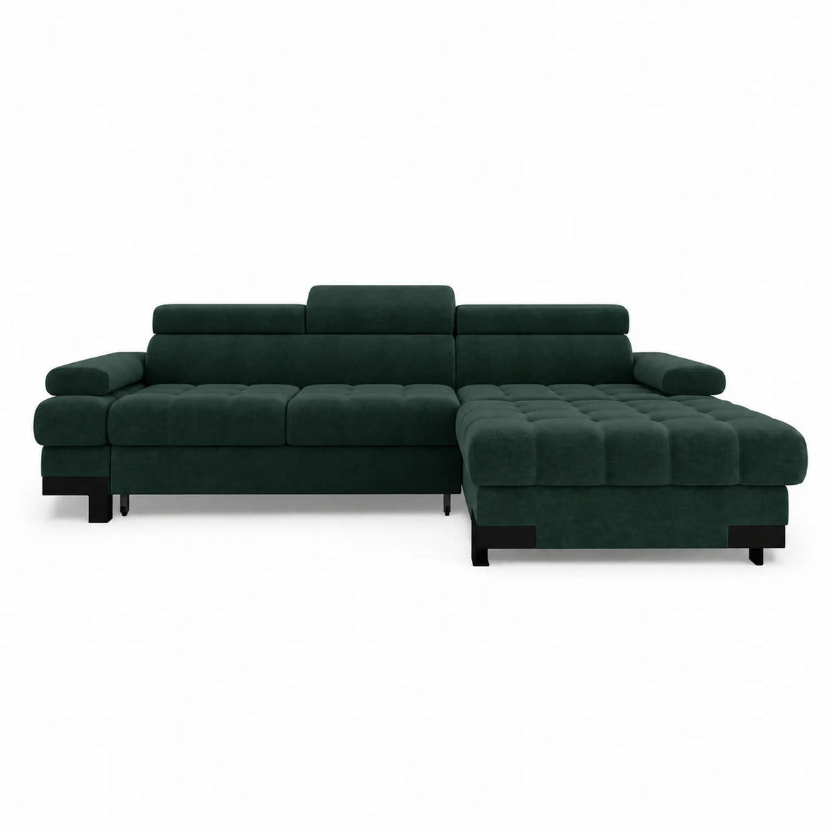 Coltar extensibil SELVA MINI, sezlong dreapta, stofa catifelata verde inchis - Element 12, cu lada depozitare si tetiere reglabile, 270x173x95 cm