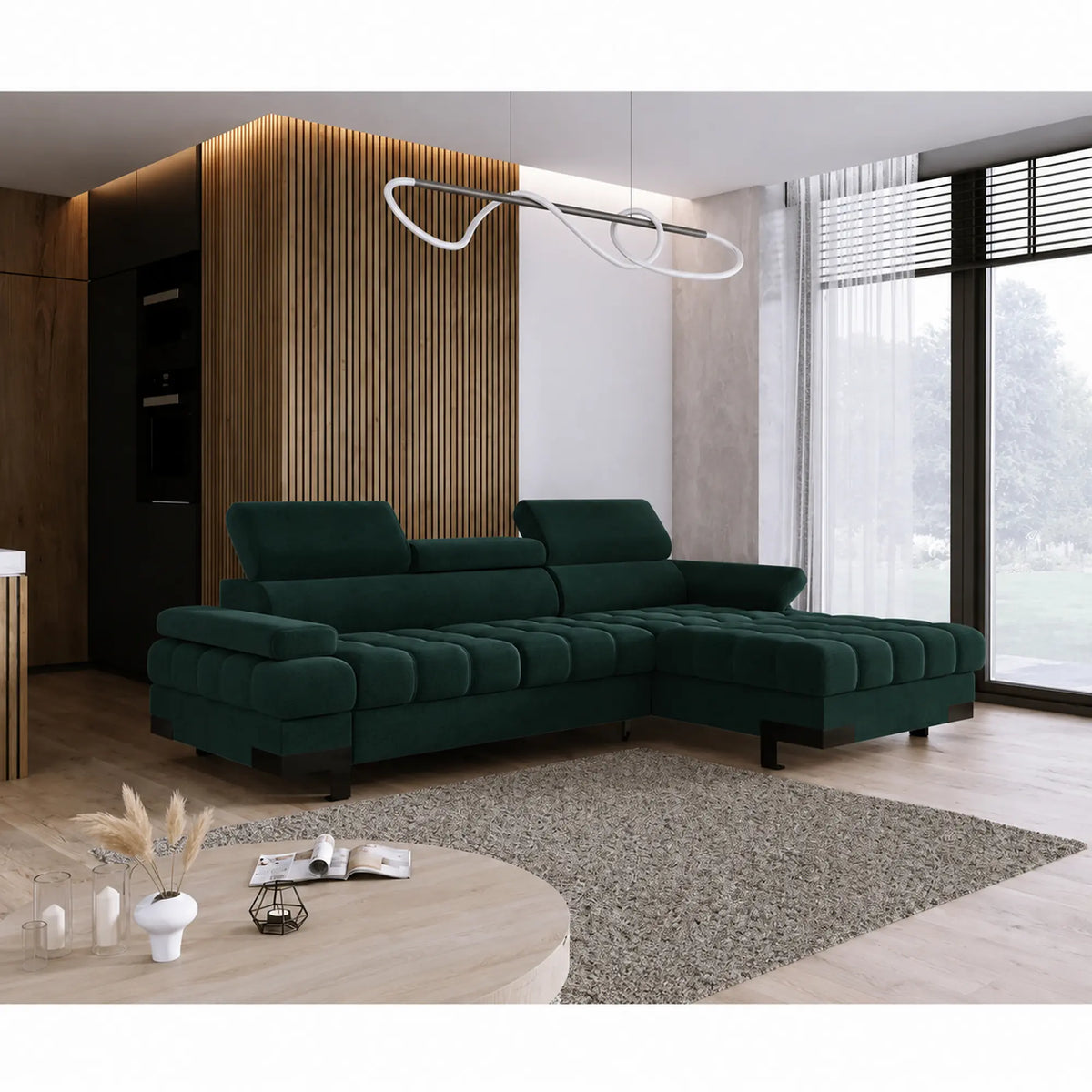 Coltar extensibil SELVA MINI, sezlong dreapta, stofa catifelata verde inchis - Element 12, cu lada depozitare si tetiere reglabile, 270x173x95 cm