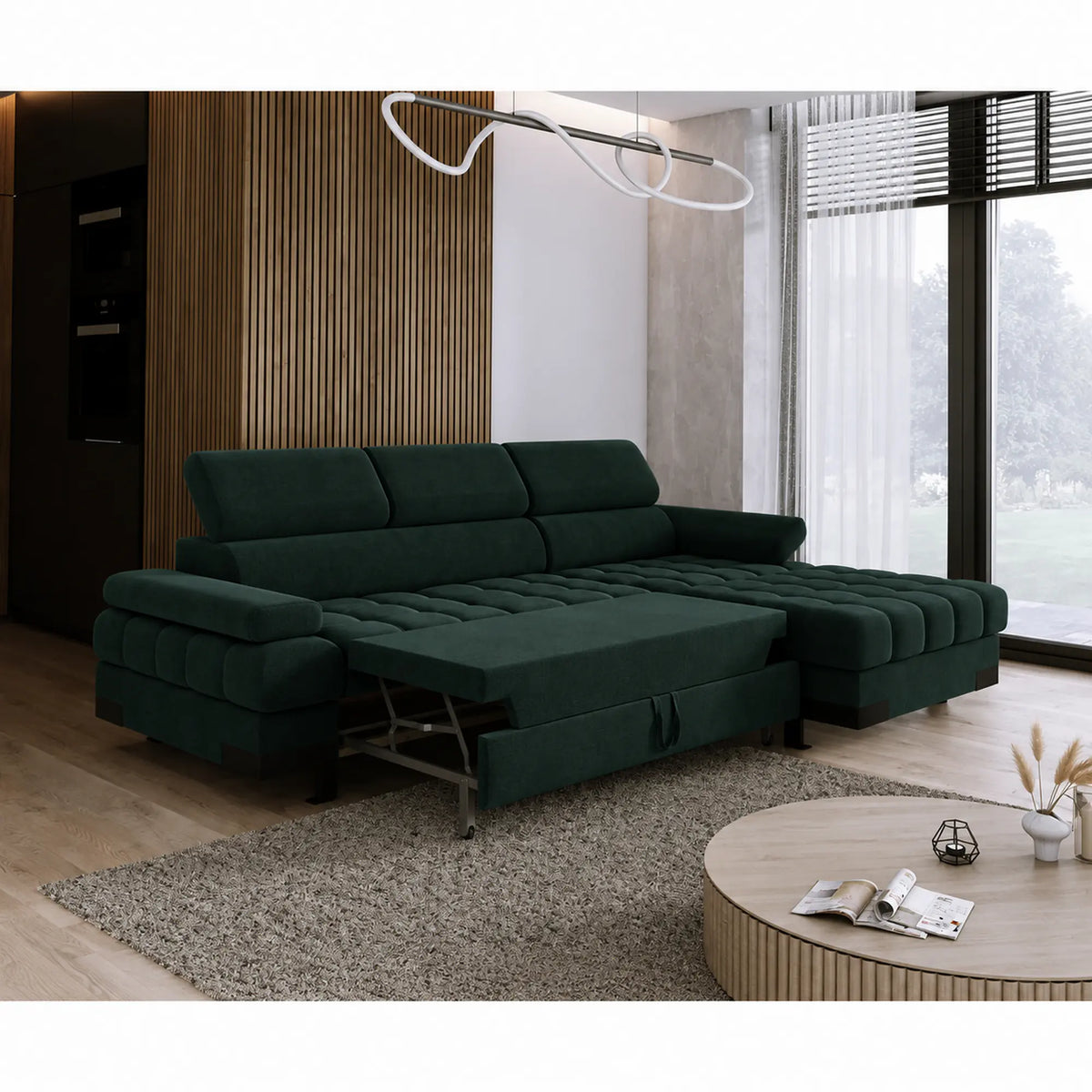 Coltar extensibil SELVA MINI, sezlong dreapta, stofa catifelata verde inchis - Element 12, cu lada depozitare si tetiere reglabile, 270x173x95 cm
