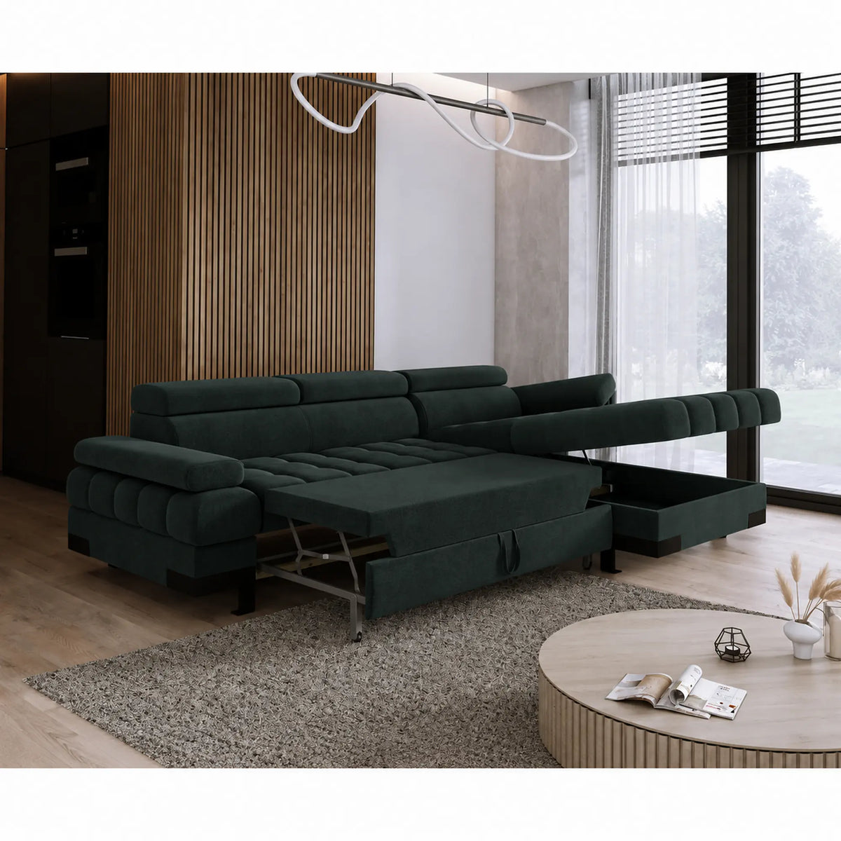 Coltar extensibil SELVA MINI, sezlong dreapta, stofa catifelata verde inchis - Element 12, cu lada depozitare si tetiere reglabile, 270x173x95 cm